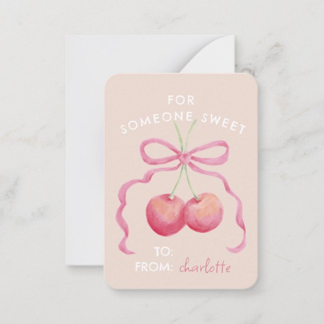 Cute, sweet cherries and bow classroom Valentine Note Card (Front)