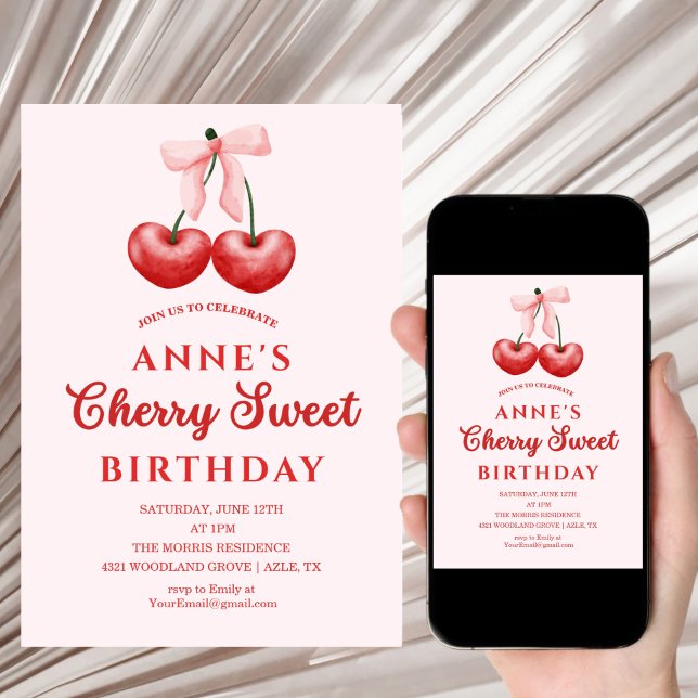 cute Sweet Cherry Birthday Invitation Girl (Creator Uploaded)