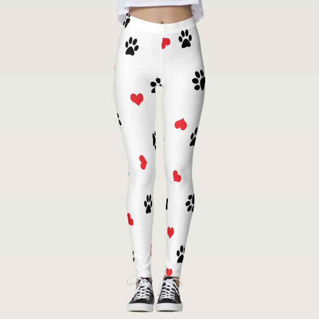 Cute sweet clear black paw red heart pattern leggings (Front)