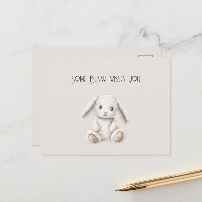 Cute Sweet Cream White Bunny Missing You Postcard (Front/Back In Situ)