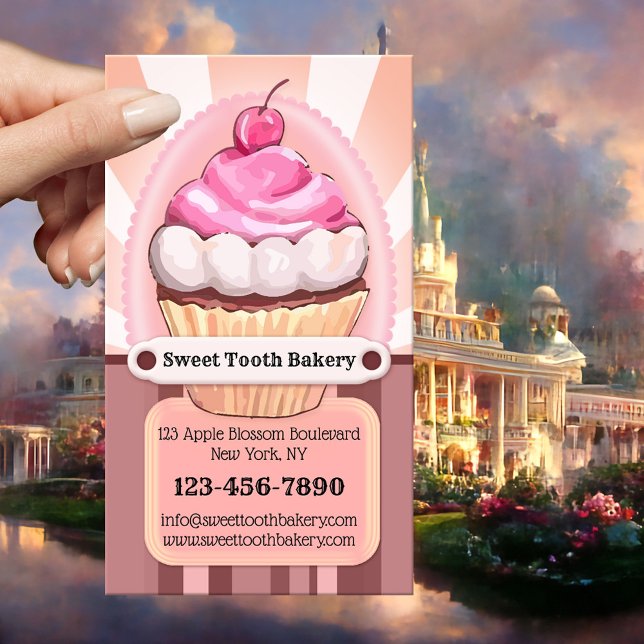 Cute Sweet Cupcake Bakery Business Card (Bakery business card featuring an illustration of a sweet pink cupcake in retro style)