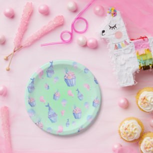 Cute Sweet cupcake mermaid Happy Birthday Girly Paper Plates