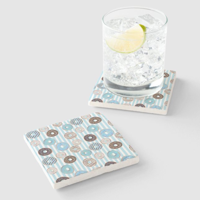 Cute sweet Donut blue pastel stripes sprinkles Stone Coaster (Side)