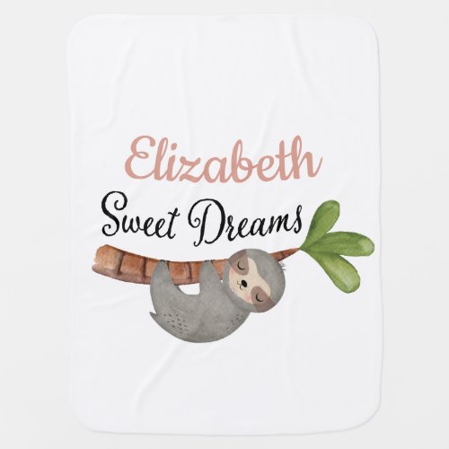 Cute Sweet Dream Baby Girl Sloth Monogram Baby Blanket