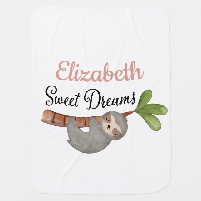 Cute Sweet Dream Baby Girl Sloth Monogram Baby Blanket (Front)