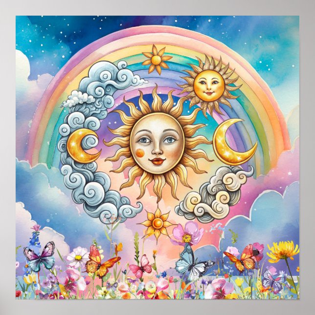 Cute Sweet Dreams Floral Sun, Stars & Moon  Poster (Front)