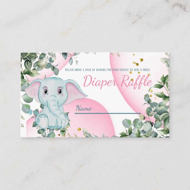 Cute Sweet Elephant Eucalyptus Pink Diaper Raffle Enclosure Card (Front)