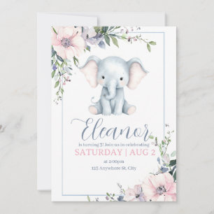 Cute Sweet Elephant Floral Birthday Invitation