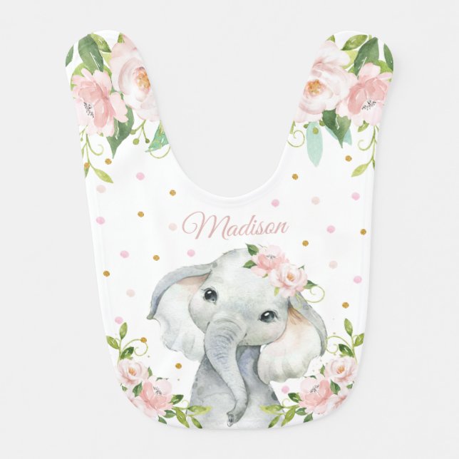 Cute Sweet Elephant Pink Blush Floral Gold Glitter Baby Bib (Front)