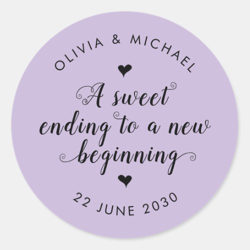 Cute Sweet Ending New Beginning Wedding Purple Classic Round Sticker