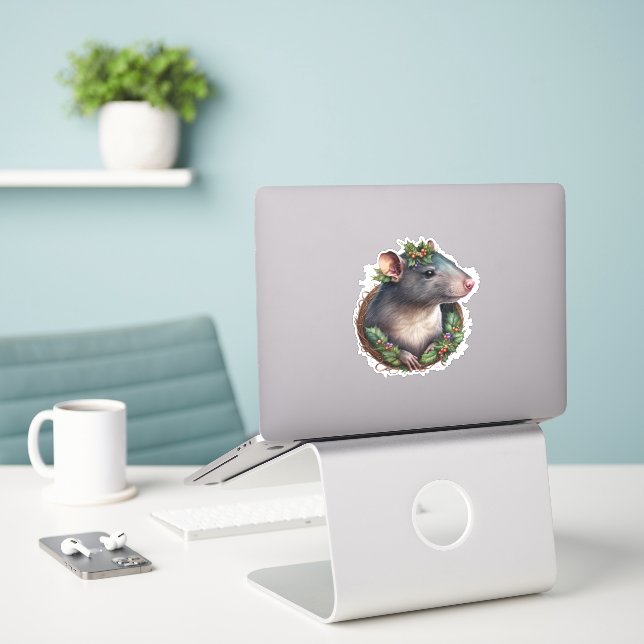 Cute Sweet Festive Pet Rat Holidays/Christmas Sticker (Laptop On Desk)