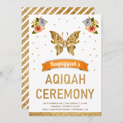 Cute Sweet Floral Gold Butterfly Girls Aqiqah Invitation