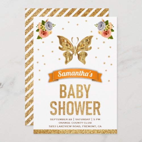 Cute Sweet Floral Gold Butterfly Girls Baby Shower Invitation
