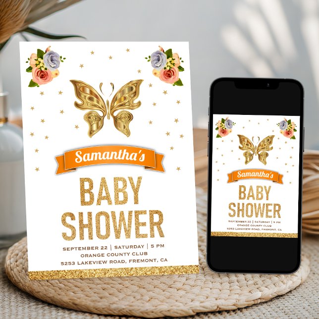 Cute Sweet Floral Gold Butterfly Girls Baby Shower Invitation (Creator Uploaded)