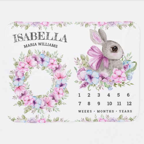 Cute Sweet Girly Floral Bunny Rabbit Milestone Baby Blanket