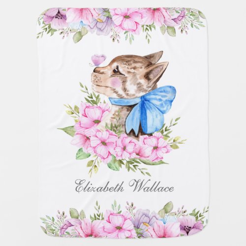 Cute Sweet Girly Floral Cat with Bow Baby Blanket