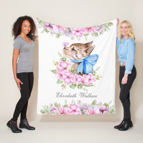 Cute Sweet Girly Floral Cat with Bow Fleece Blanket