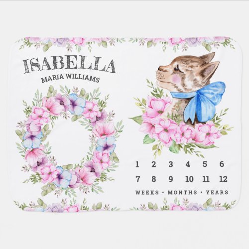 Cute Sweet Girly Floral Cat with Bow Milestone Baby Blanket
