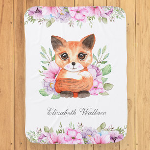 Cute Sweet Girly Pink Floral Fox Baby Blanket