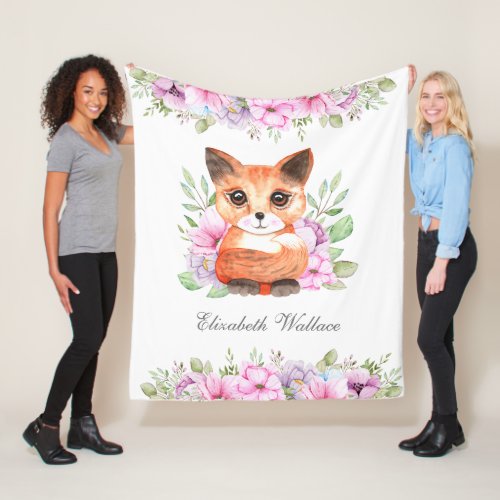 Cute Sweet Girly Pink Floral Fox Fleece Blanket