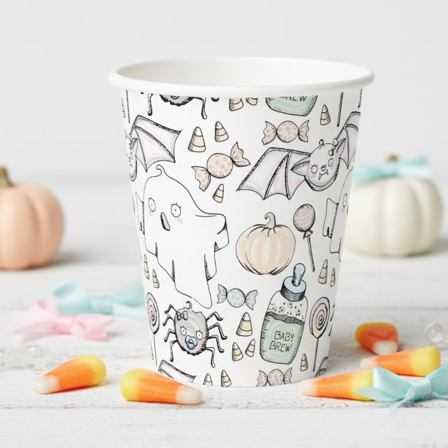 Cute & Sweet Halloween Kids Birthday Paper Cups (Gender Neutral Halloween Baby Shower Paper Cups. Ghosts, Bats, Spider, Candy Autumn Pattern for Her)