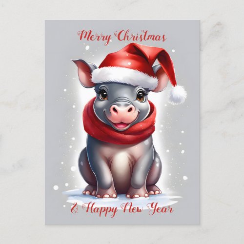 Cute Sweet Hippopotamus Santa Hat New Year Holiday Postcard