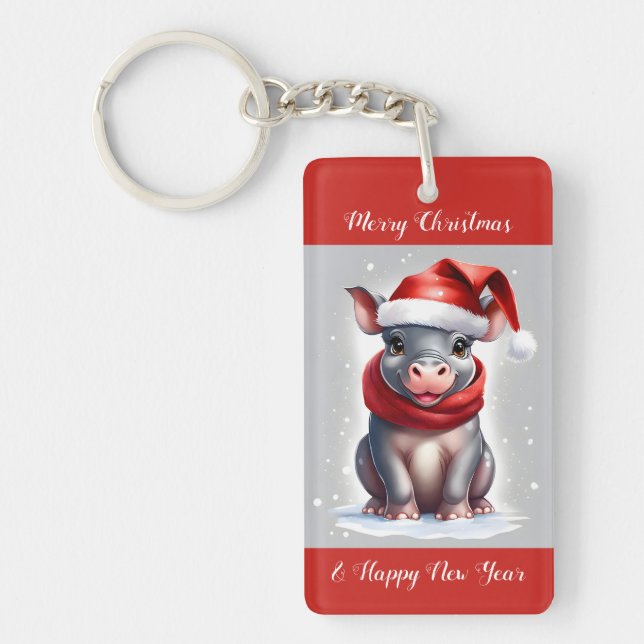 Cute Sweet Hippopotamus Santa Hat New Year Keychain (Front)