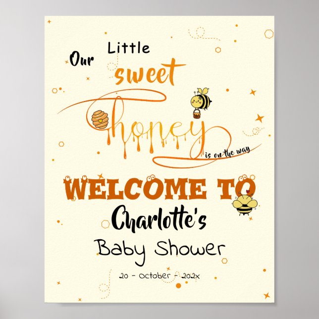 Cute Sweet Honey & Kawaii Eyeball Text Baby Shower Poster (Front)