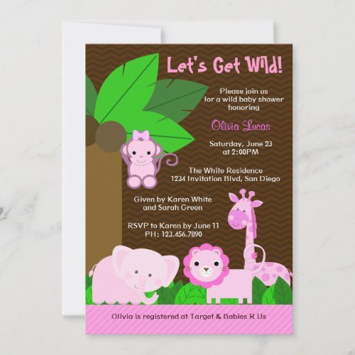 Cute Sweet Jungle Animals Baby Girl Baby Shower Invitation