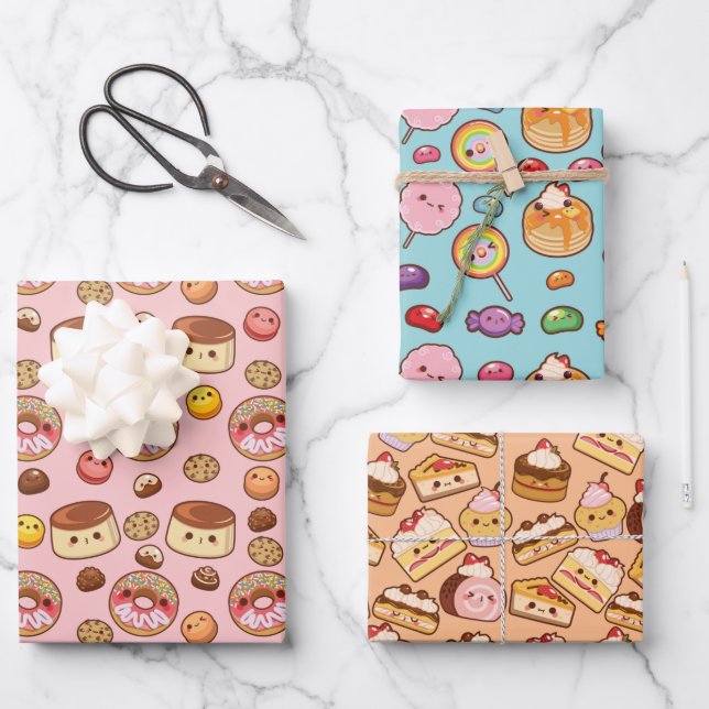 Cute Sweet Kawaii Treats Party Wrapping Paper Sheets (Front)