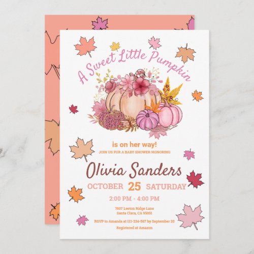 Cute Sweet Little Pumpkin Fall Leaves Baby Shower Invitation
