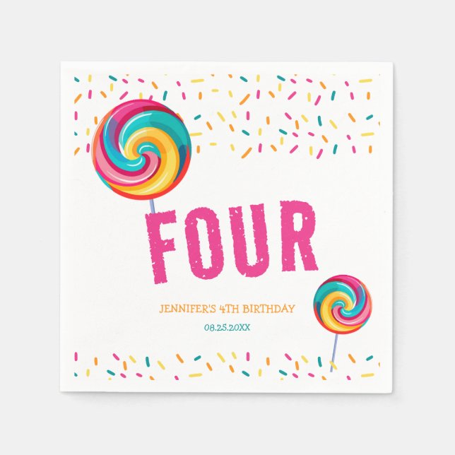 Cute Sweet Lollipop Candy 4th Birthday Napkins (Front)