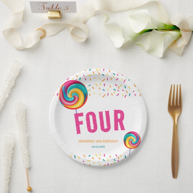 Cute Sweet Lollipop Candy 4th Birthday Paper Plates (Wedding)