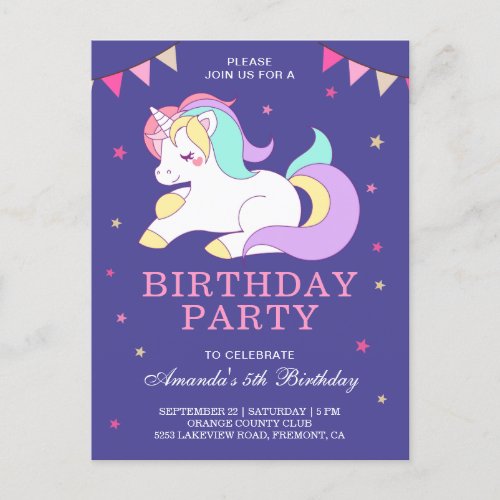 Cute Sweet Magical Unicorn Birthday Party Invitation Postcard
