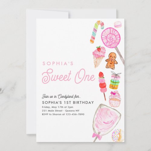 Cute SWEET ONE Candy Kids Candyland 1st Birthday Invitation