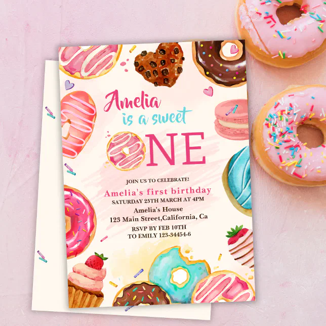 Cute Sweet one donut girl 1st birthday Invitation | Zazzle