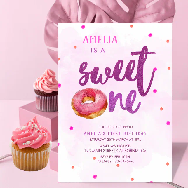 Cute Sweet one donut girl 1st birthday Invitation | Zazzle