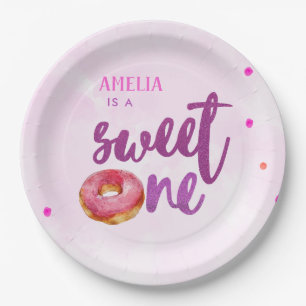 Cute Sweet one donut girl 1st birthday Paper Plates