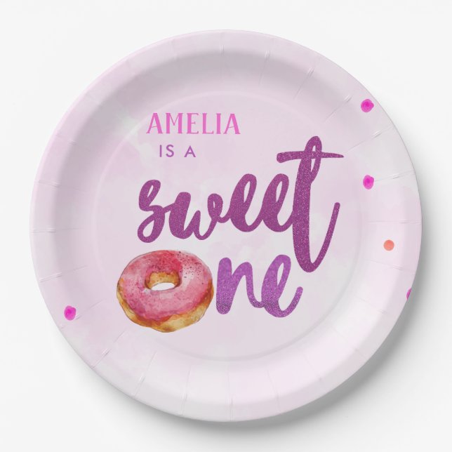 Cute Sweet one donut girl 1st birthday Paper Plates (Front)