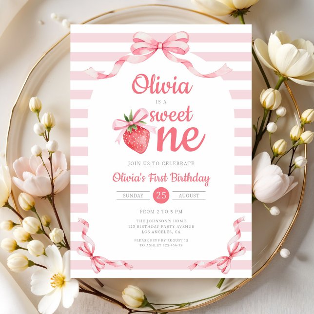 Cute Sweet One Strawberry Girl 1st Birthday Invitation (Cute Sweet One Strawberry Girl 1st Birthday Invitation)