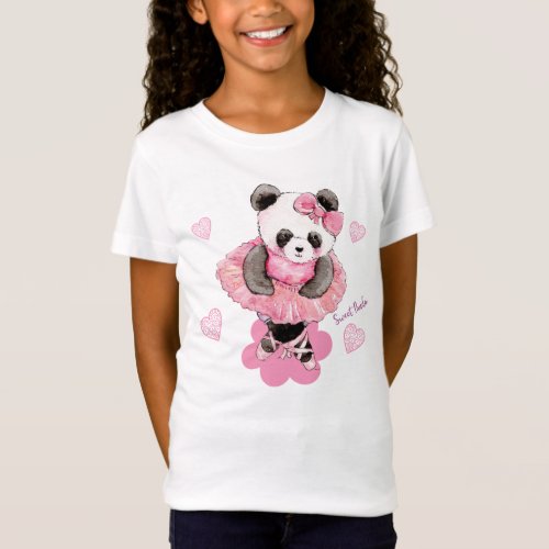 Cute Sweet Panda Ballet With Beautiful Pink Hearts T_Shirt