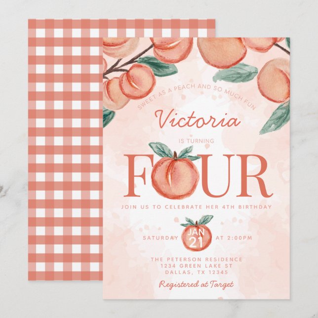 Cute Sweet Peach turning FOUR 4th Birthday Party Invitation (Front/Back)