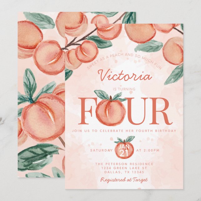 Cute Sweet Peach turning FOUR 4th Birthday Party Invitation (Front/Back)