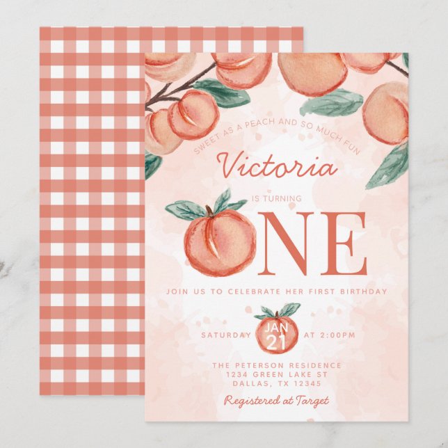 Cute Sweet Peach turning ONE 1st Birthday Party Invitation (Front/Back)