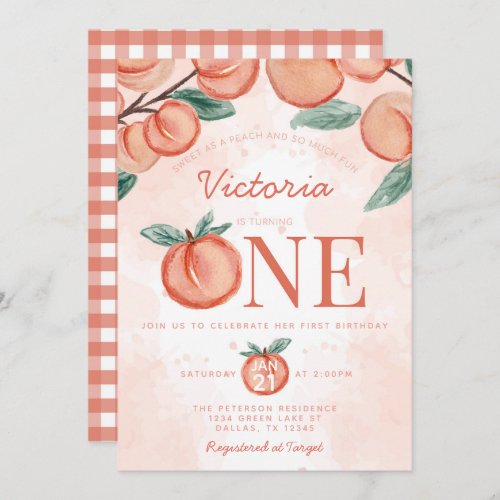 Cute Sweet Peach turning ONE 1st Birthday Party Invitation