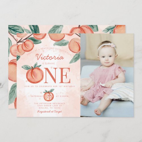 Cute Sweet Peach turning ONE 1st Birthday Party Invitation