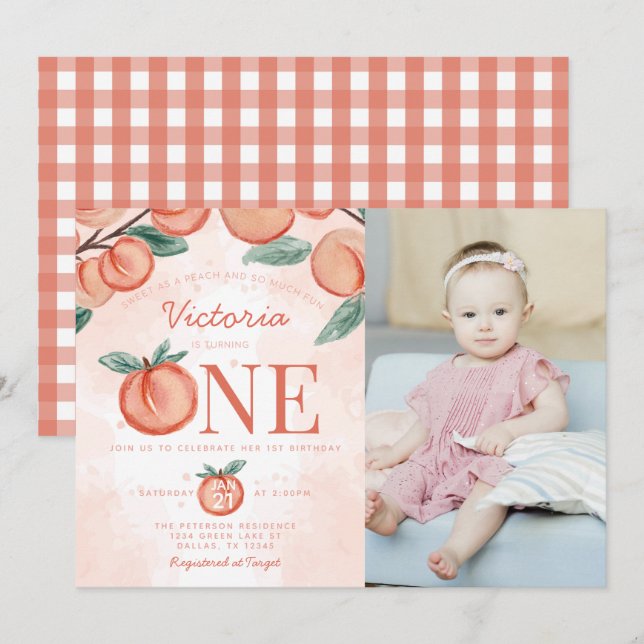 Cute Sweet Peach turning ONE 1st Birthday Party Invitation (Front/Back)