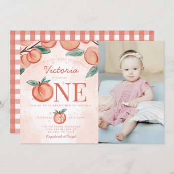 Cute Sweet Peach Turning One 1st Birthday Party Invitation by PerfectPrintableCo at Zazzle