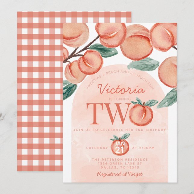 Cute Sweet Peach turning TWO 2nd Birthday Party Invitation (Front/Back)