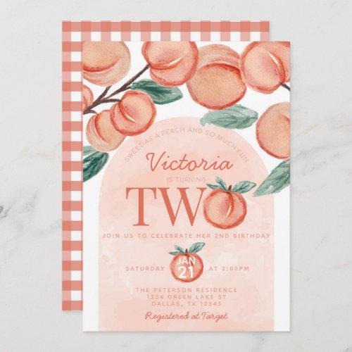 Cute Sweet Peach turning TWO 2nd Birthday Party Invitation